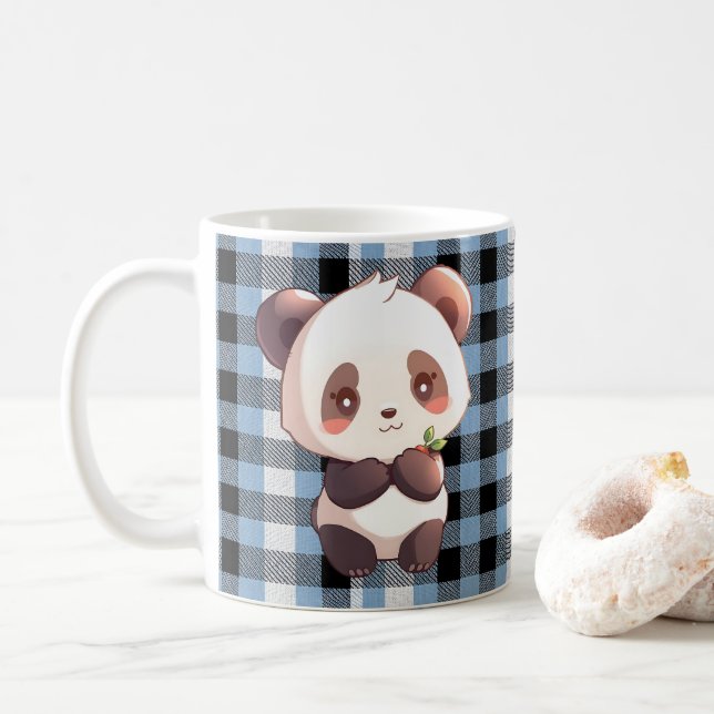 Custom Kawaii Panda Blue Buffalo Plaid Mug Gift (With Donut)
