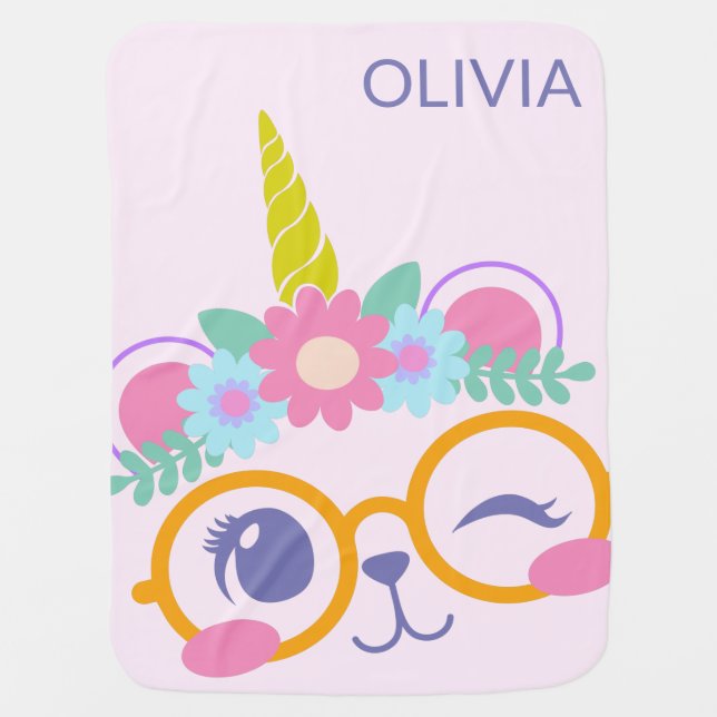 Custom Kawaii Unicorn Bear Face Floral Glasses Baby Blanket (Front)