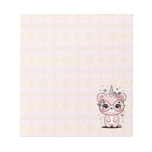 Custom Kawaii Unicorn Bear Face Floral Glasses Notepad (Front)