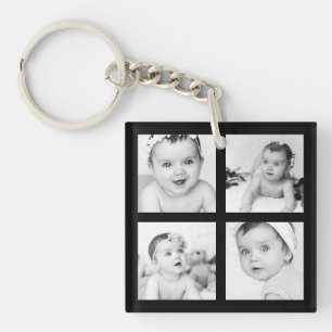 Custom Keepsake Photo Collage Black 4 Images Keychain