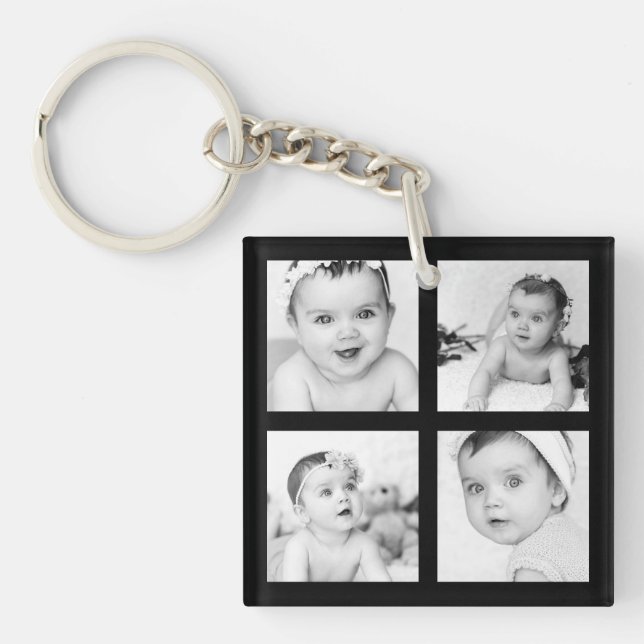 Custom Keepsake Photo Collage Black 4 Images Keychain (Front)