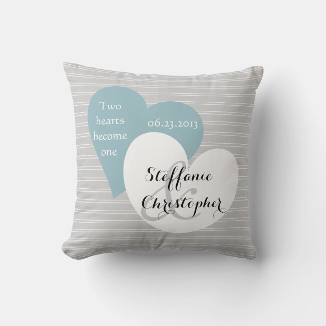 Custom Keepsake Wedding, Gray Pinstripe, Hearts Throw Pillow (Front)