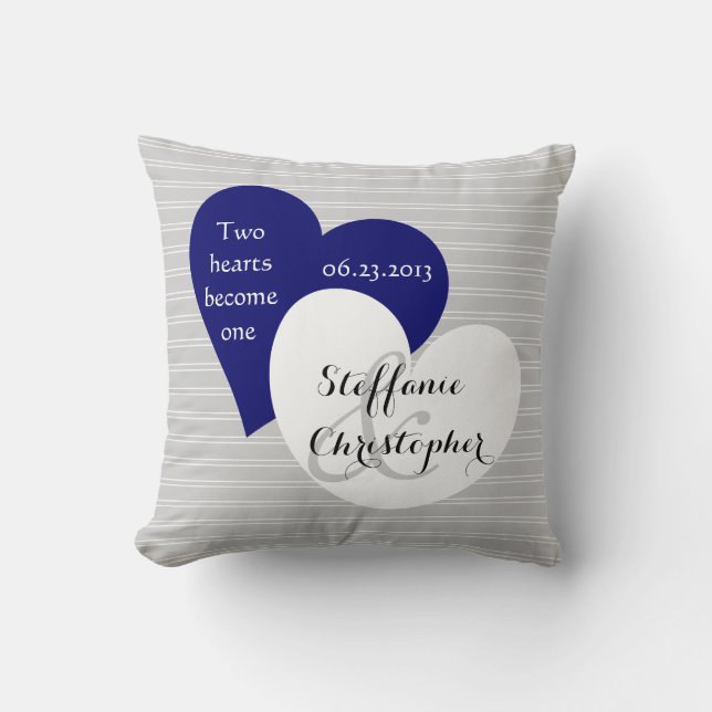 Custom Keepsake Wedding, Gray Pinstripe, Hearts Throw Pillow (Front)