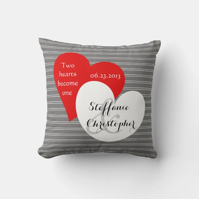 Custom Keepsake Wedding, Gray Pinstripe, Hearts Throw Pillow (Front)