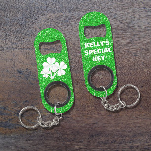 Custom•Kelly Green Glitter White Shamrocks Keychain Bottle Opener
