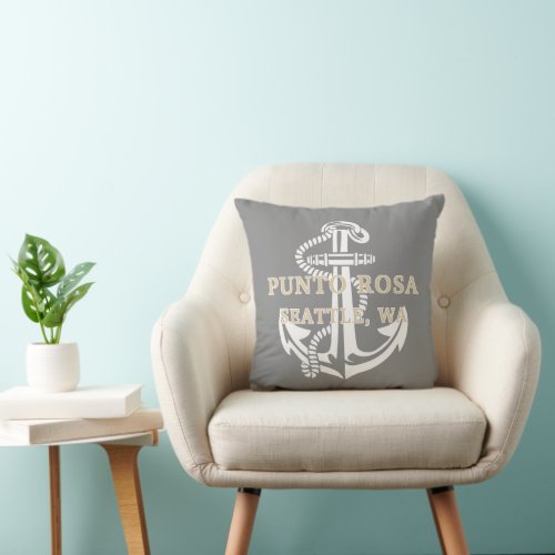 Custom Khaki Beige Brown Name White Anchor On Gray Throw Pillow