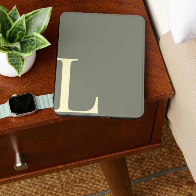 Custom Khaki Green Bold Initial Monogram Kindle Cover (In Use (Bedside))