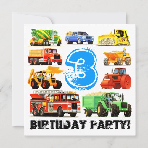 Big Trucks 3rd Birthday Party Personalized Invitations