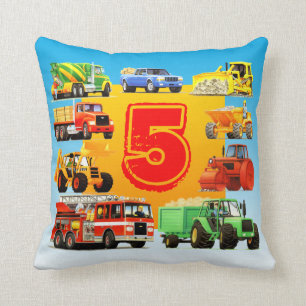 Custom Kids 5th Birthday Construction Trucks Throw Pillow