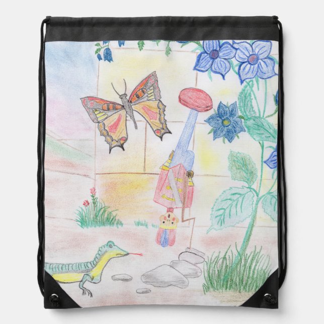 Custom Kids Artwork, Nutcracker toy, butterfly,  Drawstring Bag (Front)
