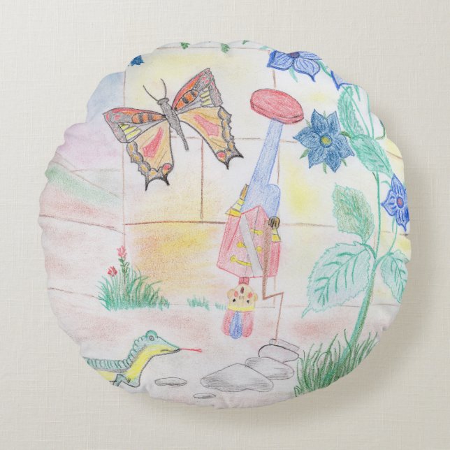 Custom Kids Artwork, Nutcracker toy, butterfly,  Round Pillow (Front)