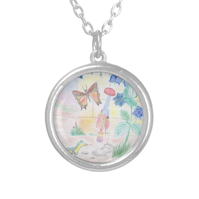 Custom Kids Artwork, Nutcracker toy, butterfly,  Silver Plated Necklace (Front)