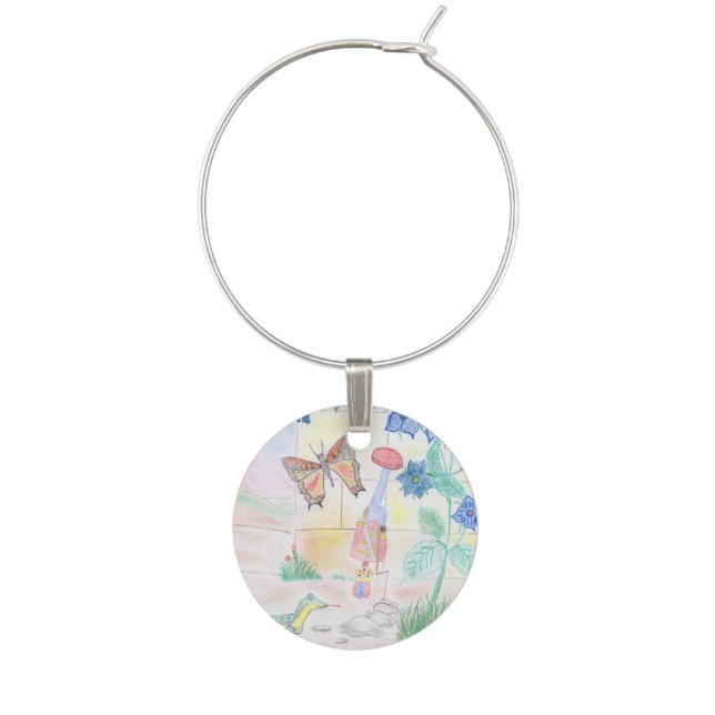 Custom Kids Artwork, Nutcracker toy, butterfly,  Wine Charm (Front)