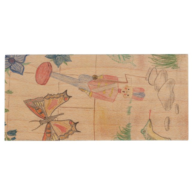 Custom Kids Artwork, Nutcracker toy, butterfly,  Wood Flash Drive (Back)
