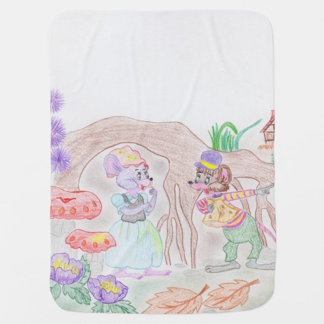 Custom Kids Artwork, two cute mouse, flowers.... Baby Blanket (Front)
