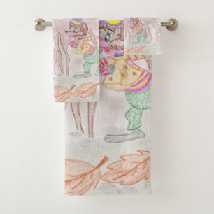 Custom Kids Artwork, two cute mouse, flowers.... Bath Towel Set