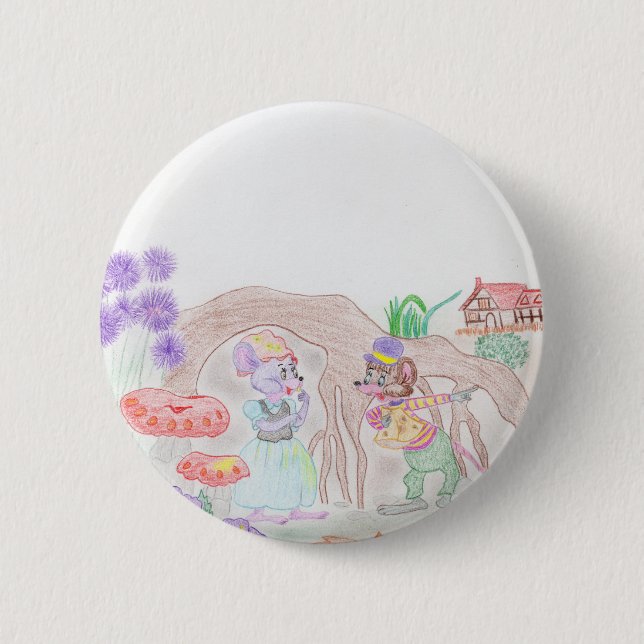 Custom Kids Artwork, two cute mouse, flowers.... Button (Front)