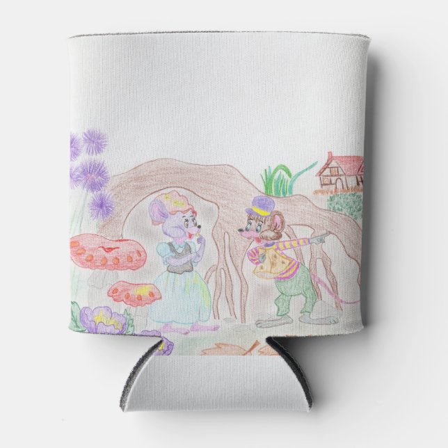 Custom Kids Artwork, two cute mouse, flowers.... Can Cooler (Front)