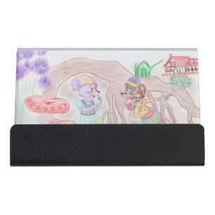 Custom Kids Artwork, two cute mouse, flowers.... Desk Business Card Holder