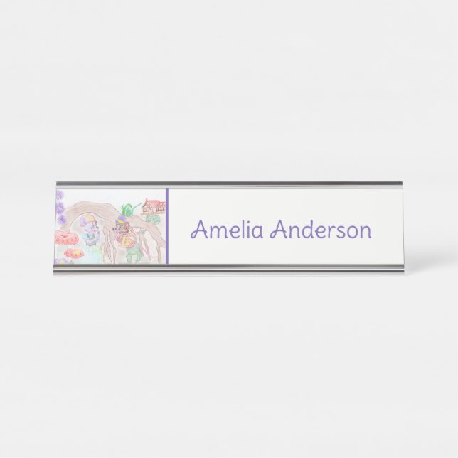 Custom Kids Artwork, two cute mouse, flowers.... Desk Name Plate (Front)