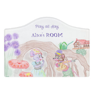 Custom Kids Artwork, two cute mouse, flowers.... Door Sign