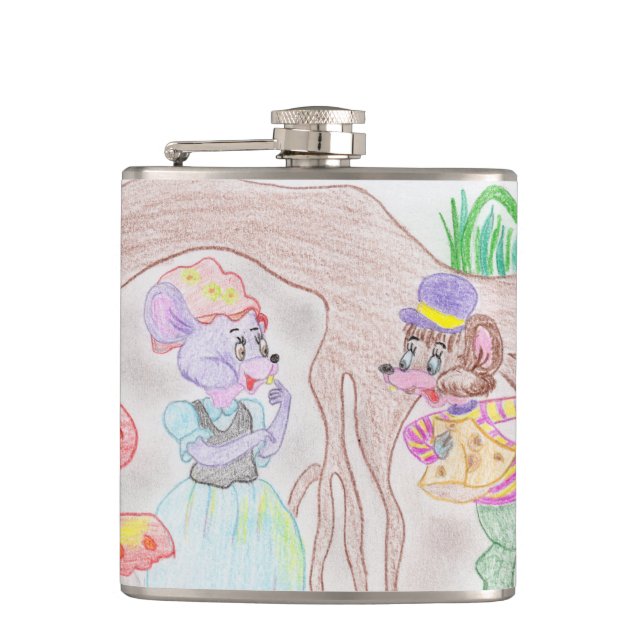 Custom Kids Artwork, two cute mouse, flowers.... Flask (Front)