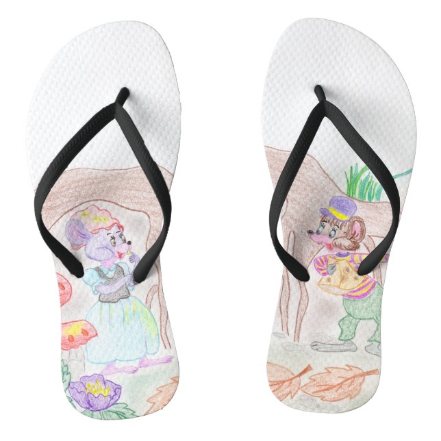 Custom Kids Artwork, two cute mouse, flowers.... Flip Flops (Footbed)
