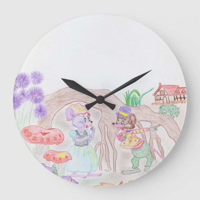 Custom Kids Artwork, two cute mouse, flowers.... Large Clock (Front)