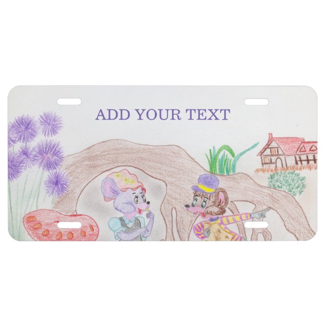 Custom Kids Artwork, two cute mouse, flowers.... License Plate (Front)