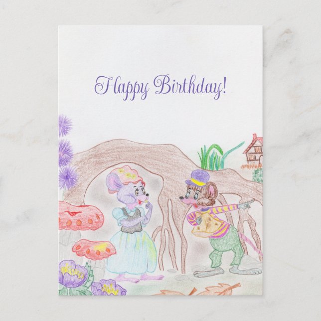 Custom Kids Artwork, two cute mouse, flowers.... Postcard (Front)