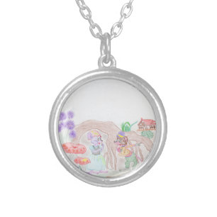 Custom Kids Artwork, two cute mouse, flowers.... Silver Plated Necklace