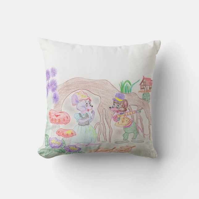 Custom Kids Artwork, two cute mouse, flowers.... Throw Pillow (Front)