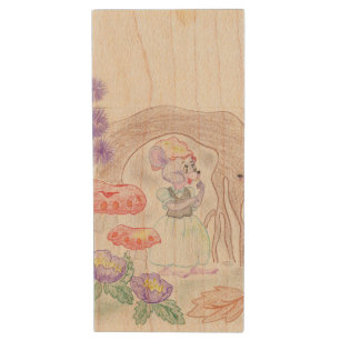 Custom Kids Artwork, two cute mouse, flowers.... Wood Flash Drive