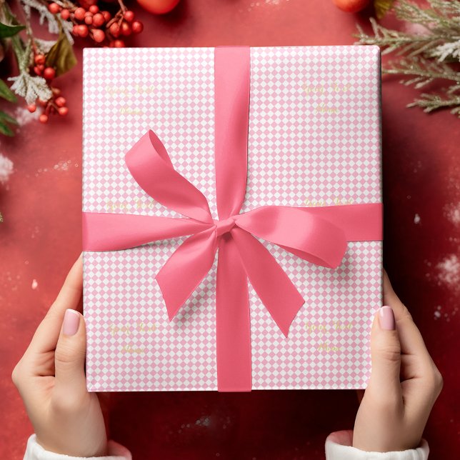 Custom Kids Baby Girl Pink White Checks Gold Text  Wrapping Paper (Custom Kids Baby Girl Pink White Checks Gold Text Wrapping Paper)