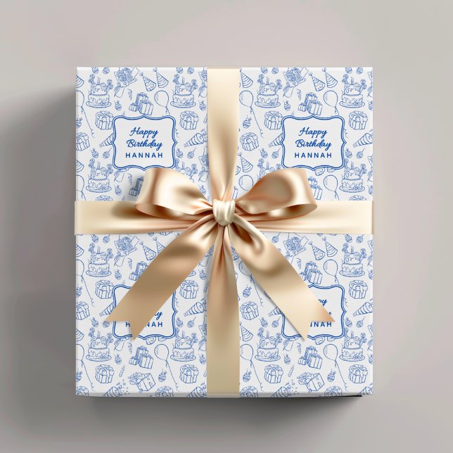 Custom Kids Birthday Gift Wrap Blue Party Doodle (Blue Birthday Wrapping Paper, Kids Birthday Gift Wrap, Girls Boys Birthday Wrapping Paper)