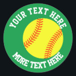 Custom kid's Birthday party favor softball sport Classic Round Sticker<br><div class="desc">Custom kid's Birthday party favor softball sport logo stickers or envelope seals. Personalized accessories for girl's Birthday party celebration. Add your own name, funny quote, saying, slogan etc. Cute sporty template design for coach and players. Green or custom color background. Also handy for Christmas gift wrapping during the holiday season....</div>