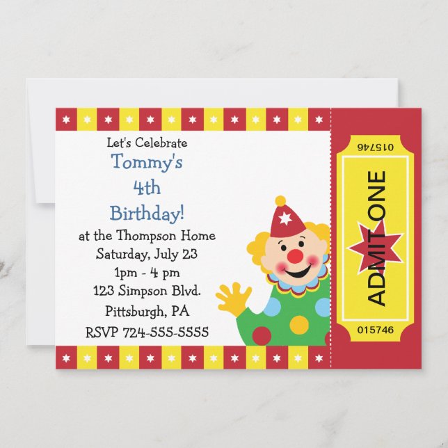 Custom Kids Clown Birthday Party Invitation (Front)