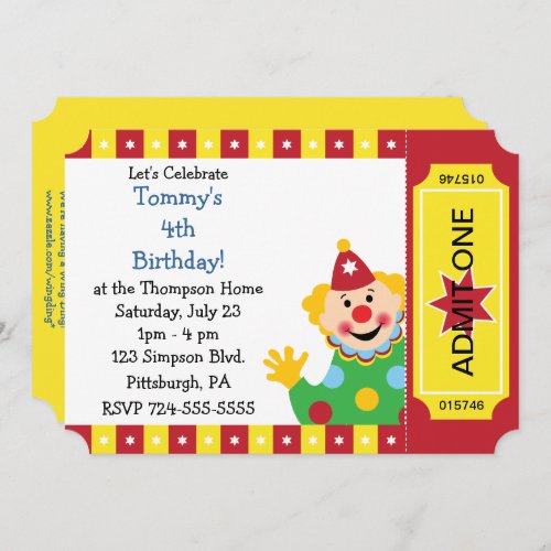 Custom Kids Clown Birthday Party Invitation