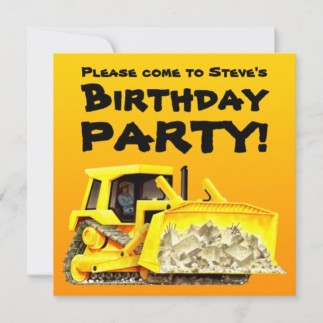 Custom Kids Construction Bulldozer Party Invitation (Front)