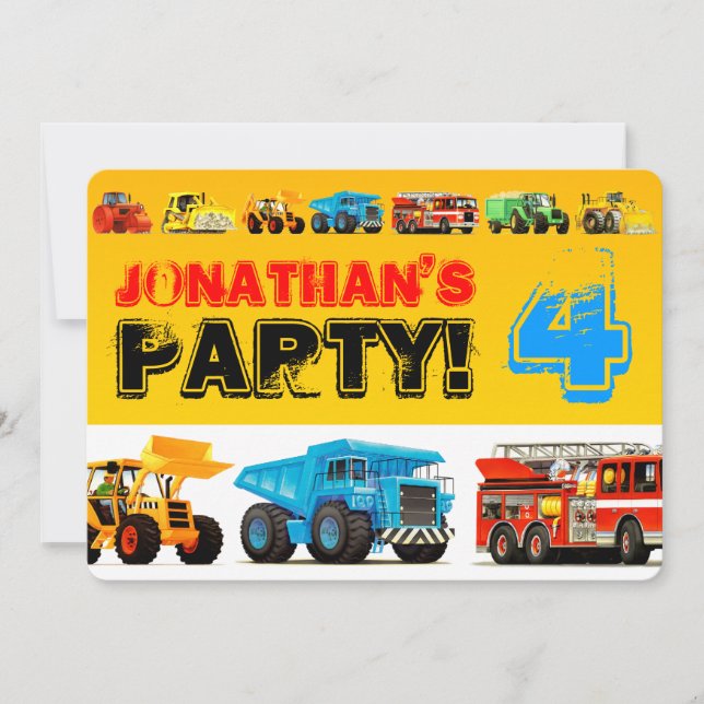 Custom Kids Construction Trucks 4th Birthday Party Invitation (Front)