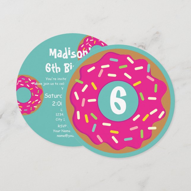 Custom kid's cute round pink donut Birthday party Invitation (Front/Back)