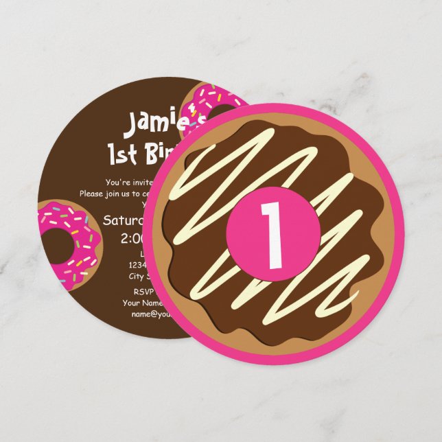 Custom kid's cute sweet round donut Birthday party Invitation (Front/Back)