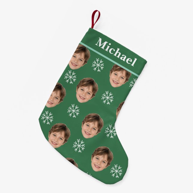 Custom Kids Face & Name Green Snowflake Small Christmas Stocking (Front (Hanging))