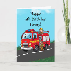 Custom Kid's Fire Truck Birthday Party Card