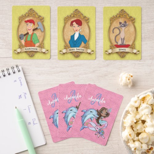 Custom Kids Name Brown Mermaid Playing Old Maid Cards