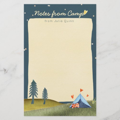 Custom Kids Name Camp Stationery Watercolor Tent 