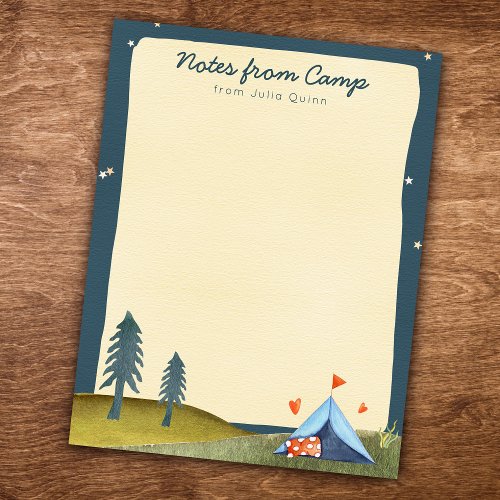 Custom Kids Name Camp Stationery Watercolor Tent  Notepad