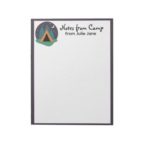 Custom Kids Name Camp Stationery Watercolor Tent  Notepad