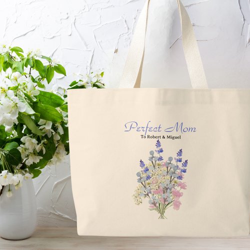 Custom Kids NamePerfect MomWatercolor Wildflower Large Tote Bag