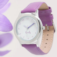 Custom Kids Name Steel Purple Leather Girls Watch
